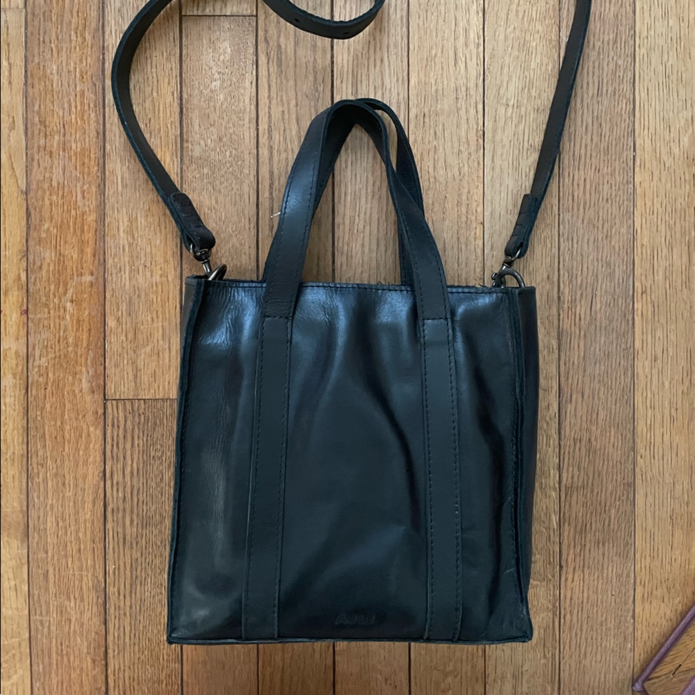 Able black leather top handle satchel or small tote bag